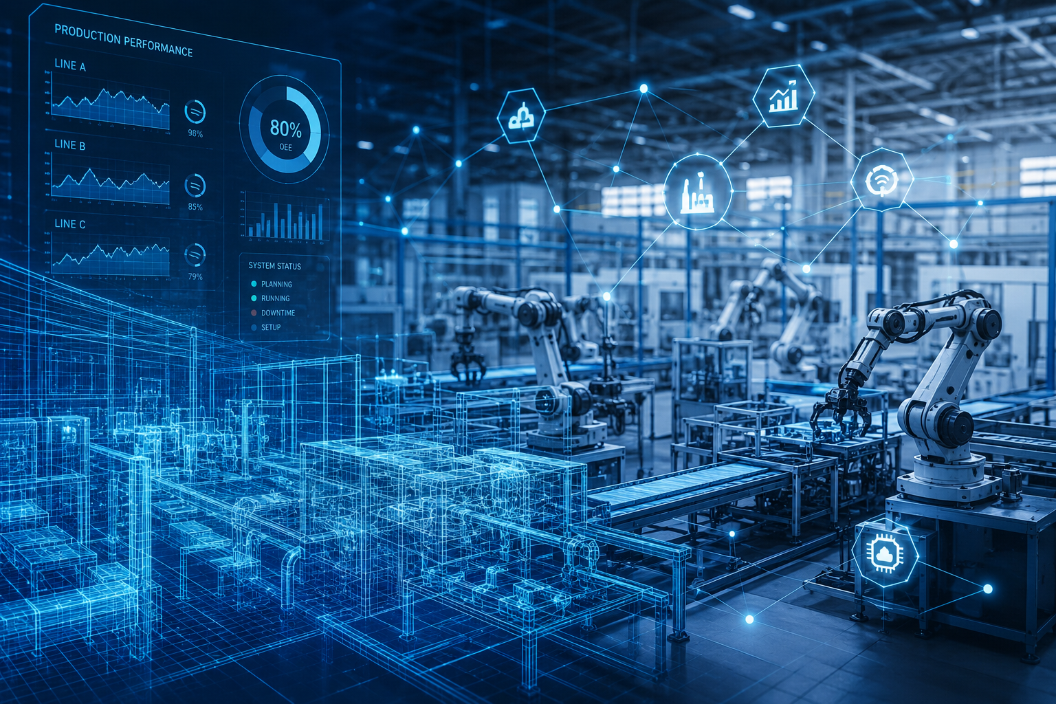 Smart factory with robotic arms and a digital production-performance dashboard overlay